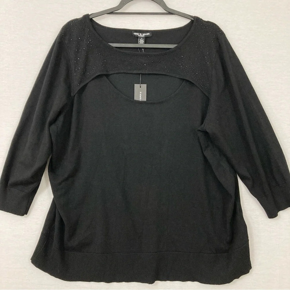 New Cable & Gauge Embellished Black Soft Stretch Knit Crew Neck Cut Out Top 1X - Picture 1 of 9